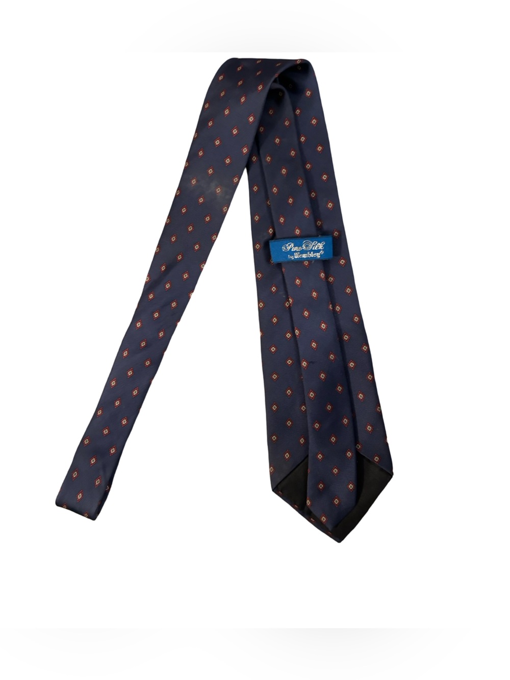 Wembley VTG Navy Preppy Dark Academia Silk  Tie with Small Red Diamond Motif